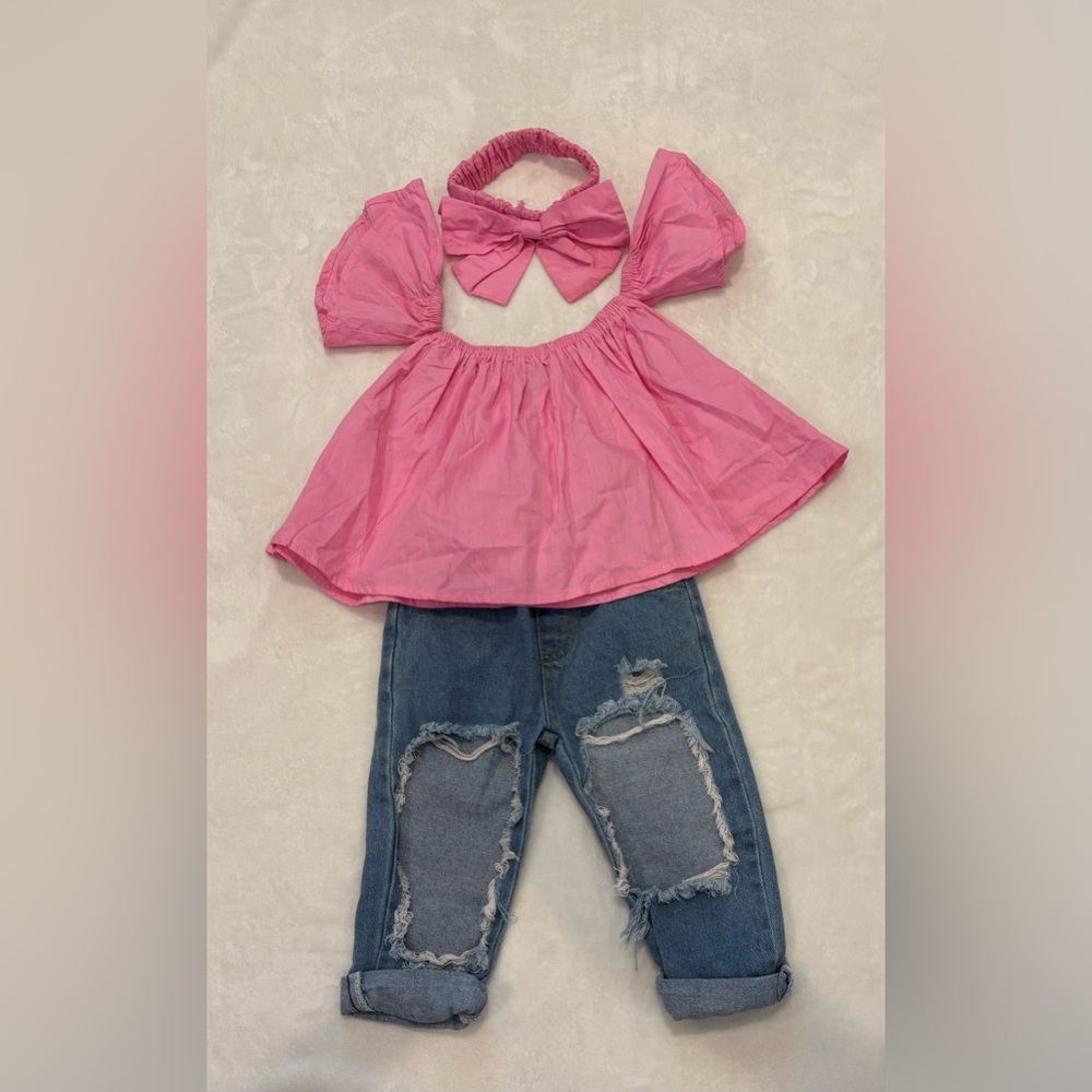 Little Girls Denim and blouse set with head band.